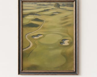 Minimalist Golf Field Print, Vintage Sport Fan Landscape Printable, Green Golf Course Painting, Golf Lovers Office Decor, Boys Room Wall Art