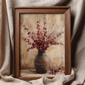 Rustikale Blumen in Burgund in Vasenmalerei, Beige launische Blumendrucke, Vintage Herbst Kunstwerk, Neutrale druckbare Wandkunst, botanisches Wohndekor