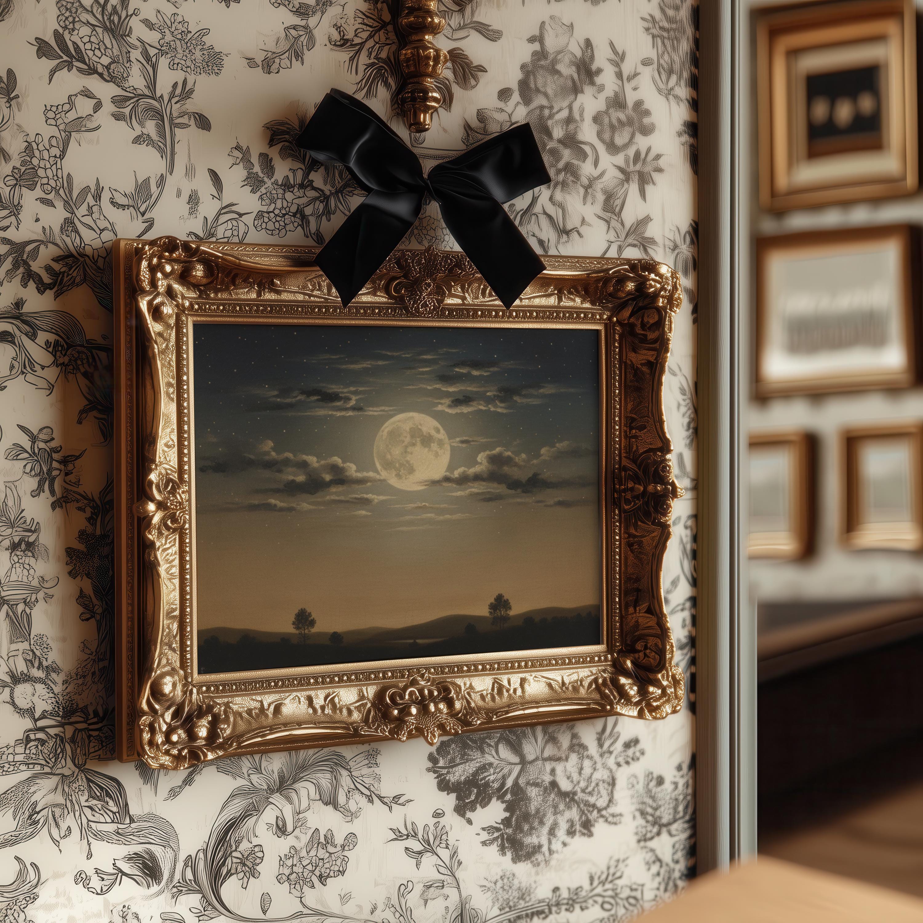 Dark Moody Full Moon Night Sky Wall Art, Vintage Moon Cloud Landscape ...