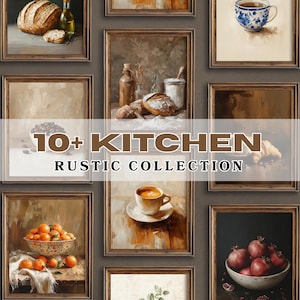 Könnte beinhalten: Eine Sammlung gerahmter rustikaler Küchenkunstdrucke. Die Drucke zeigen Aquarellmalereien von Lebensmitteln wie Brot, Orangen, Kaffee und Granatäpfeln. Der Text "10+ KITCHEN RUSTIC COLLECTION" ist in der Mitte zu sehen.