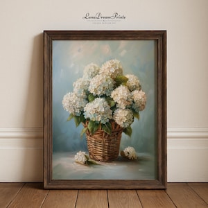 Vintage White Hydrangea Basket Print, Rustic Floral Wall Art, Farmhouse Flowers Bouquet Painting, Countryside Neutral Botanical Printable