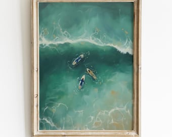 Swimming Surfers in Green Abstract Print, Vintage Retro Coastal Wall Art, Minimalist Aerial Beach House Decor, Boho Ocean Instant Download