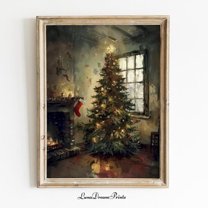 Christmas Tree Painting Print, Vintage Christmas Decor, Farmhouse Christmas Wall Art, Cottage Rustic Winter Poster, Cottagecore Living Room