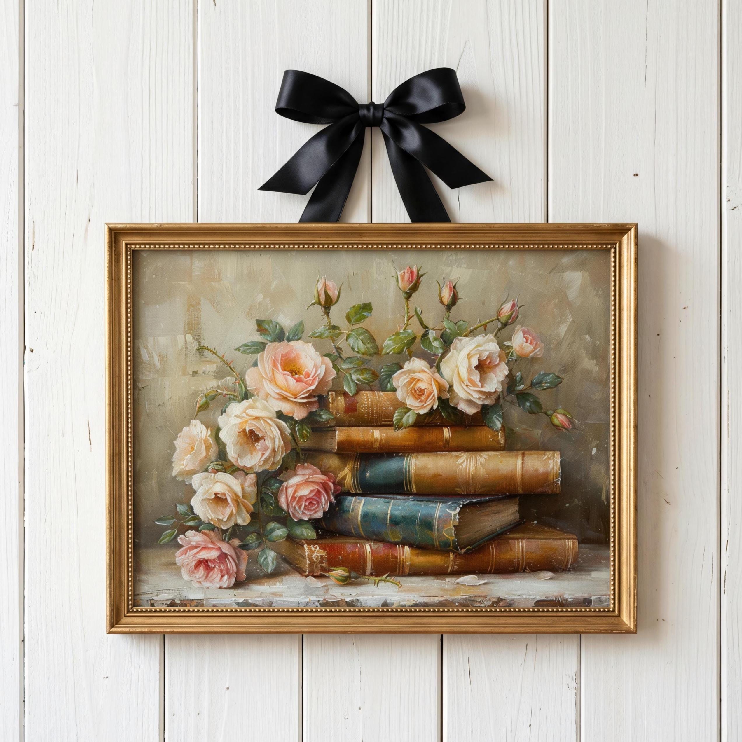 Roses アートブック Vintage Books and Roses Painting, Stack of Books Academia Wall Art