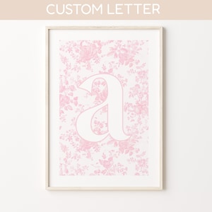 Pink Personalized Letter Chinoiserie Wall Art, Custom White Letter Initial, Pink Dorm Decor, Botanical Vintage Bedroom Decor, Above Bed Name