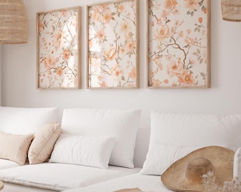 Pastelowe kwiaty brzoskwiniowe Chinoiserie Girls Wall Art, Vintage kwiatowy nadruk, 3-częściowy zestaw grafik botanicznych, Sypialnia w stylu francuskim