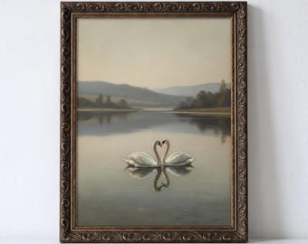 Moody Vintage Swans in Lake Printable Wall Art, Antique Swan Art Print, Country Landscape Neutral Decor, Modern Farmhouse Digital Download