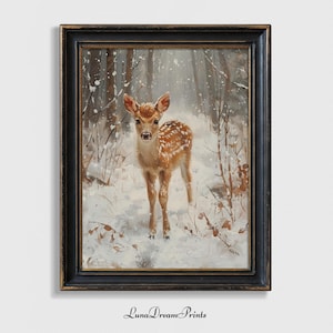 Cute Baby Animal Deer Wall Art, Snow Winter Christmas Printable, Nursery Christmas Print, Snowy Forest Holiday Decor, Vintage Painting Print