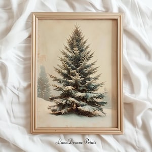Vintage winter kerstboom print, rustieke dennenboom kunst aan de muur, vintage vakantie kerst decor, humeurige sneeuw vakantie kunst, retro landschap poster
