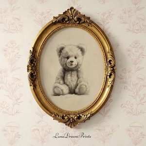 Dibujo de oso de peluche imprimible, impresión de oso vintage para guardería, arte de pared para habitación neutra, dibujo de arte para guardería en color beige, descarga digital para dormitorio con diseño de bosque