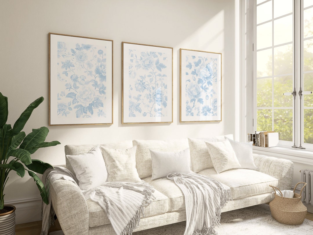 Blue Chinoiserie Wall Art, Vintage Antique Flowers Print, Simple Floral