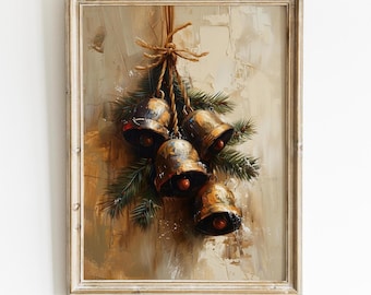 Vintage Christmas Jingle Bells, Neutral Rustic Christmas Painting, Beige Christmas Print, Winter Holiday Wall Art, Xmas Holiday Home Decor