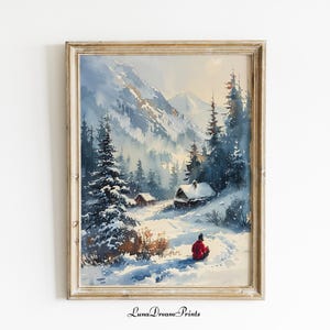 Pintura de acuarela de paisaje invernal, arte mural con escena de bosque nevado, decoración navideña nevada de casa de campo, descarga digital neutra de montaña