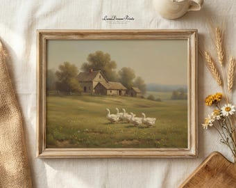 Spring Farm Goose Countryside Print, Vintage Country Landscape Wall Art, Cottage Farmhouse Animal Prints, Moody Cottagecore Digital Download