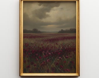 Moody Vintage Maroon Wildflower Landscape Print, Dark Red Pastoral Scenery Decor, Countryside Floral Printable Wall Art, Nature Painting