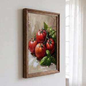 Rustic Tomatoes and Basil Painting, Vintage Kitchen Print, Kitchen Still Life Herb Wall Art, Dining Room Oil Painting Artwork, Food Poster