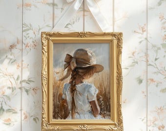 Vintage Nursery Decor, Girl in Meadow Portrait Painting, Toddler Printable Wall Art, Neutral Farmhouse Nursery Wall Art, Girl Bedroom Prints