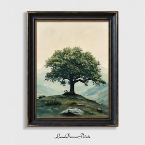 Botanical Oak Tree Print, Tranquil Green Wall Art, Evergreen Nature Landscape Painting, Spring Wall Art Printable, Woodland Digital Download