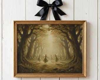 Impresión de hadas encantadas bailando en el bosque, impresiones de arte oscuro vintage, pintura de hadas del bosque con un toque femenino y caprichoso, arte mural de estilo cottagecore con toques de brujería.