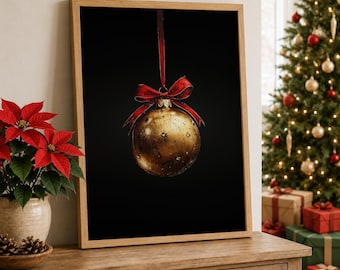 Gold Christmas Ornament Print, Dark Minimalist Christmas Wall Art, Moody Christmas Decor, Winter Holiday Printable, Vintage Christmas Print