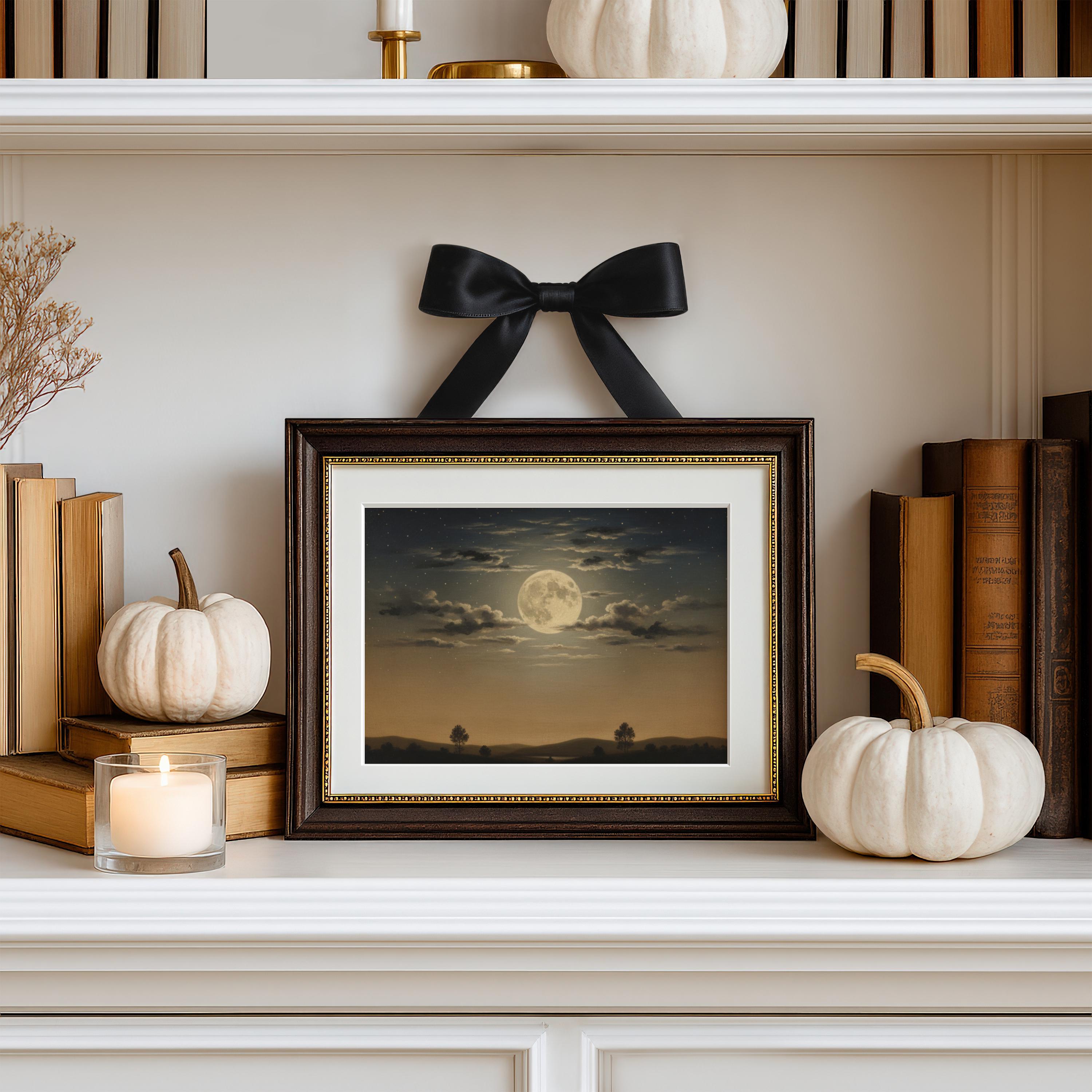 Dark Moody Full Moon Night Sky Wall Art, Vintage Moon Cloud Landscape ...