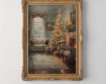 Victorian Christmas Print, Vintage Christmas Tree Print, Christmas Printable Wall Art, Moody Antique Holiday Decor, Christmas Room Painting