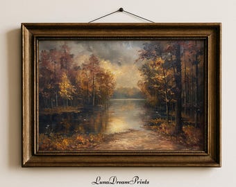 Moody Fall Landscape Painting Print, Muted Autumn Scenery Decor, Dark Fall Country Wall Art, Vintage Forest Printable, Rustic Digital Print