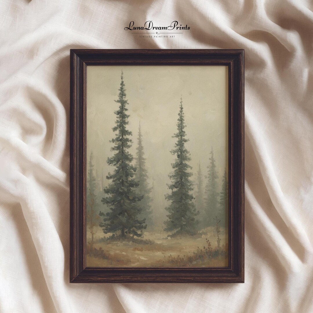 Moody Vintage Pine Tree Forest Print, Misty Foggy Nature Painting ...