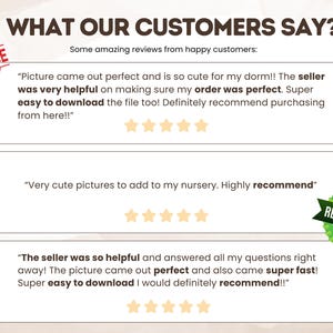 May include: A customer review graphic titled WHAT OUR CUSTOMERS SAY? featuring three white rectangular boxes containing text testimonials and five-star ratings. A red BEST CHOICE stamp is in the top left and a green RECOMMENDED seal is on the right.