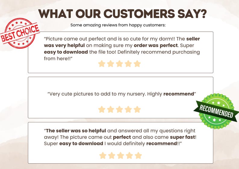 May include: A customer review graphic titled WHAT OUR CUSTOMERS SAY? featuring three white rectangular boxes containing text testimonials and five-star ratings. A red BEST CHOICE stamp is in the top left and a green RECOMMENDED seal is on the right.