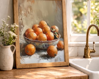 Vintage Kitchen Still Life Painting, Rustic Oranges in a Bowl Country Print, Farmhouse Antique Fruit Oil Decor, Modern Kitchen Wall Art