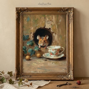 Impresión de cocina con una taza de té y un ratón de campo, arte de pared vintage para cocina, decoración cottagecore caprichosa, imprimible rústico para despensa.