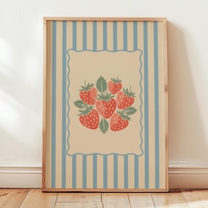 Retro Strawberry Kitchen Wall Art, Vintage Striped Fruit Print, Cottagecore Printable Wall Art, Cute Trendy Kitchen Digital Art Download