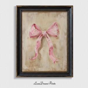 Pink Bow Oil Painting Print, Coquette Bow Girly Wall Art, Neutral Beige Pink Decor, Girl Apartment Room Poster, Bedroom Printable Artwork
