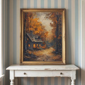 Moody Autumn Cottage Oil Painting, Dark Fall Landscape Print, Rustic Countryside Wall Art, Cozy Fall Home Decor, Country Landscape Printable