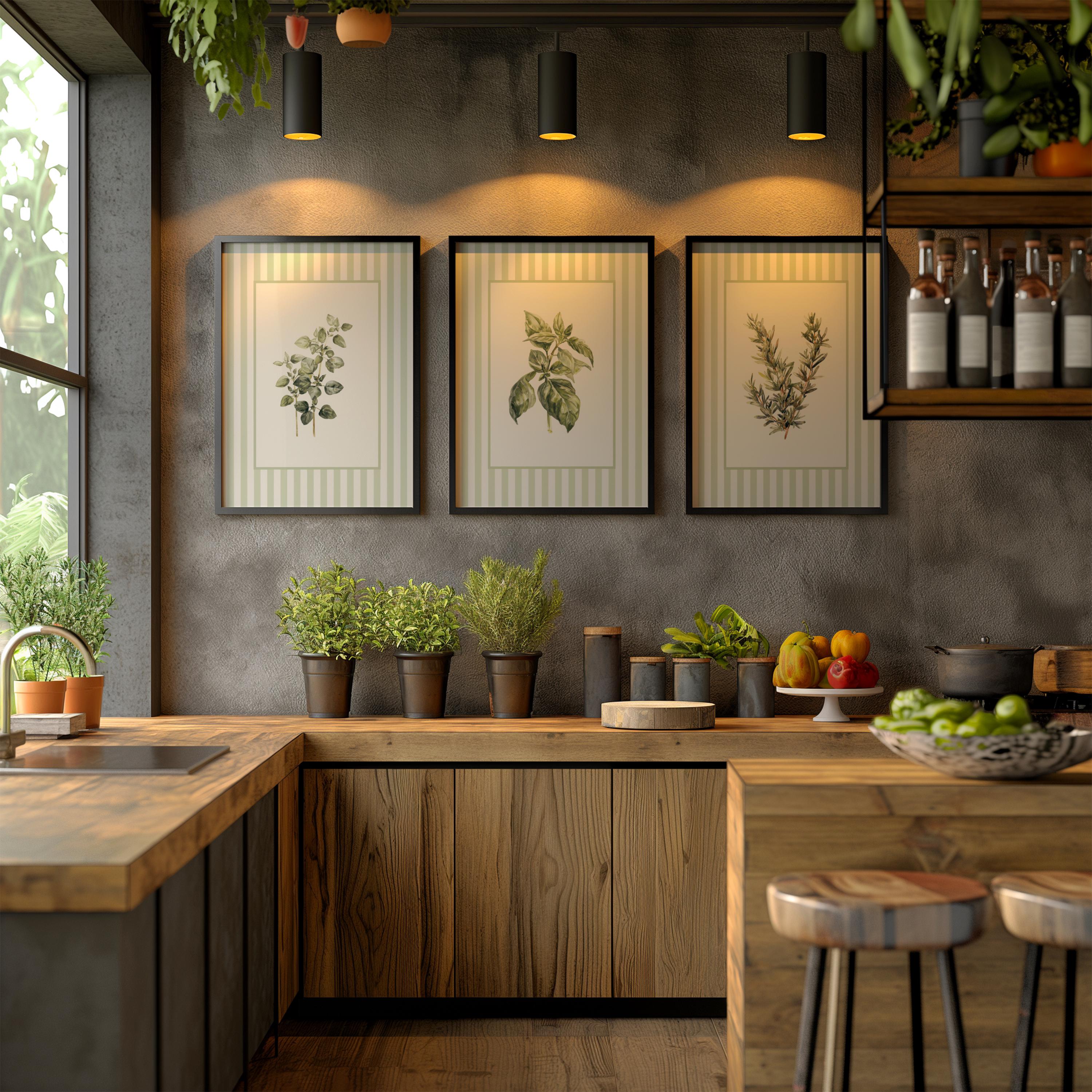 Green Striped Herb Botanical Set of 3 Kitchen Print, Green Kitchen Wall ...