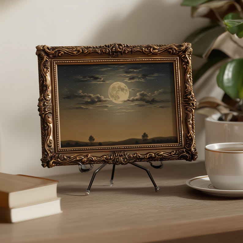 Dark Moody Full Moon Night Sky Wall Art, Vintage Moon Cloud Landscape ...