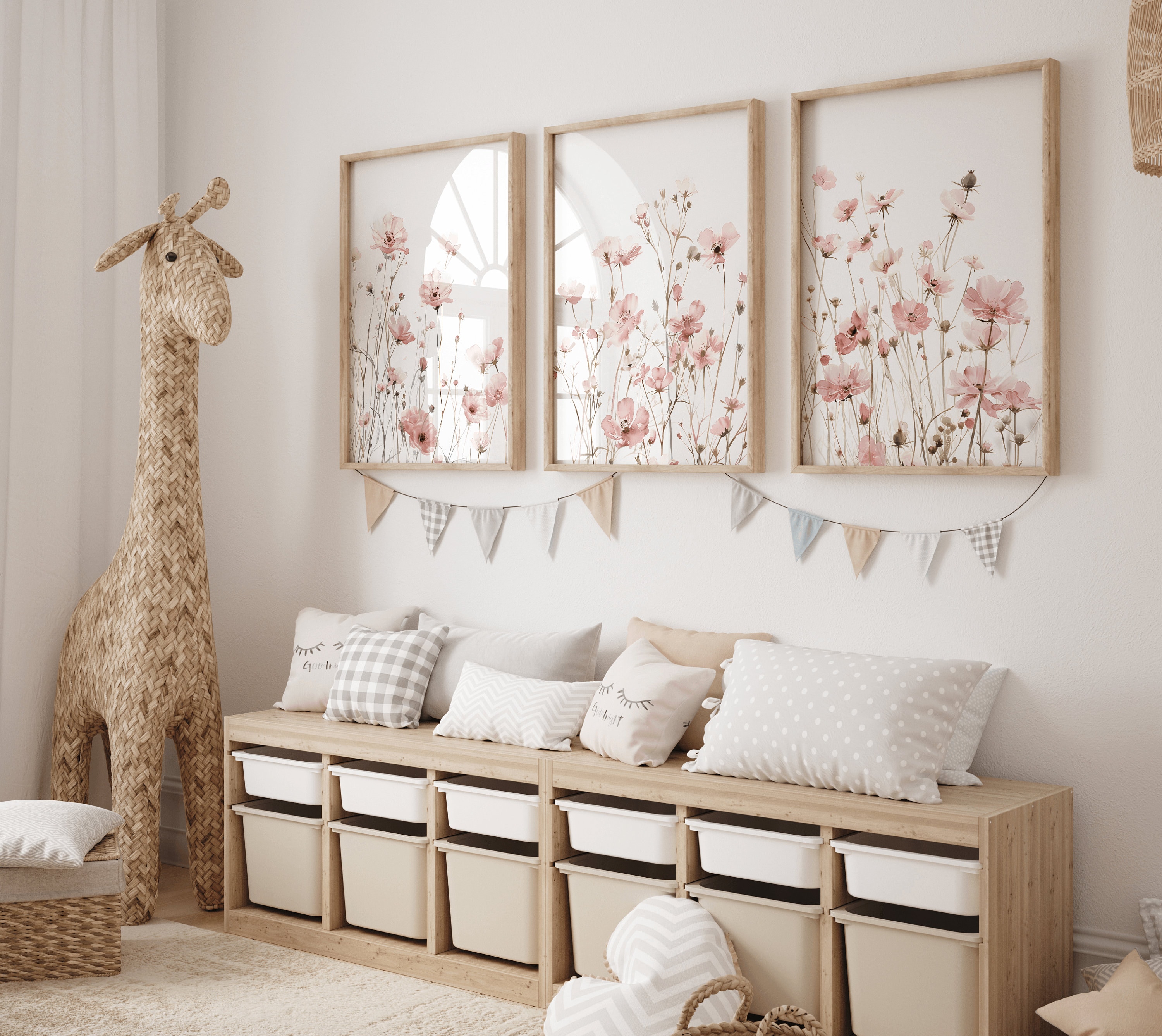 Wildflower Nursery Print Set, Pink Nursery Wall Art, Meadow Flowers ...