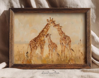 Vintage Nursery Safari Print, Cute Giraffe Family Painting, Nursery Animal Wall Art, Boho Bedroom Prints, Vintage Aesthetic, Neutral Decor