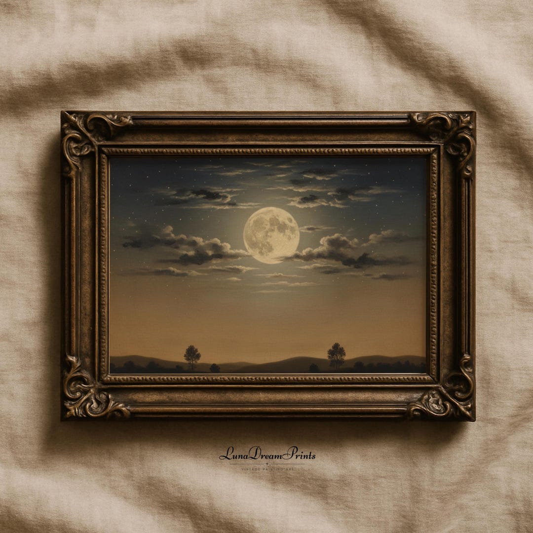 Dark Moody Full Moon Night Sky Wall Art, Vintage Moon Cloud Landscape ...