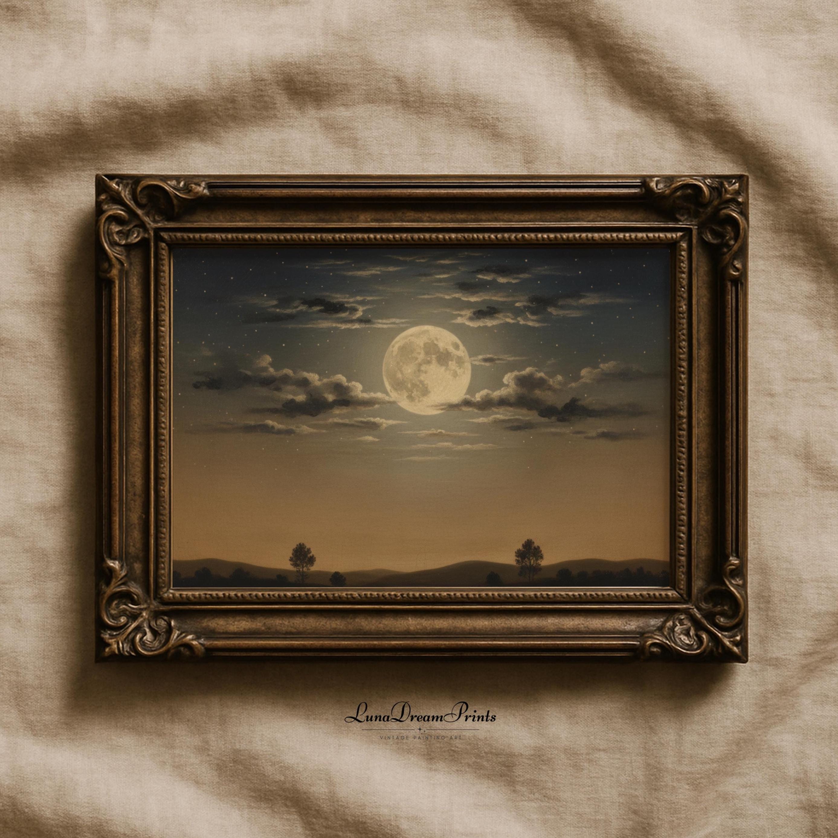 Dark Moody Full Moon Night Sky Wall Art, Vintage Moon Cloud Landscape ...