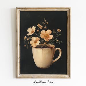 Vintage Flower Coffee Print, Kwiatowa sztuka ścienna do kuchni, Dekoracja ścienna do kuchni w stylu rustykalnym, Kubek kawy Quirky Kitchen Print, Fantazyjny nadruk