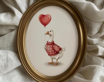 Art mural vintage coeur Saint-Valentin oie, décoration rustique de la Saint-Valentin, amour aquarelle chambre d'enfants imprimable, mignon romantique impressions numériques