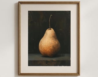 May include: A framed still life painting of a pear. The pear is a light brown color with darker speckles and a long stem. The background is a dark, textured surface. The frame is gold.
