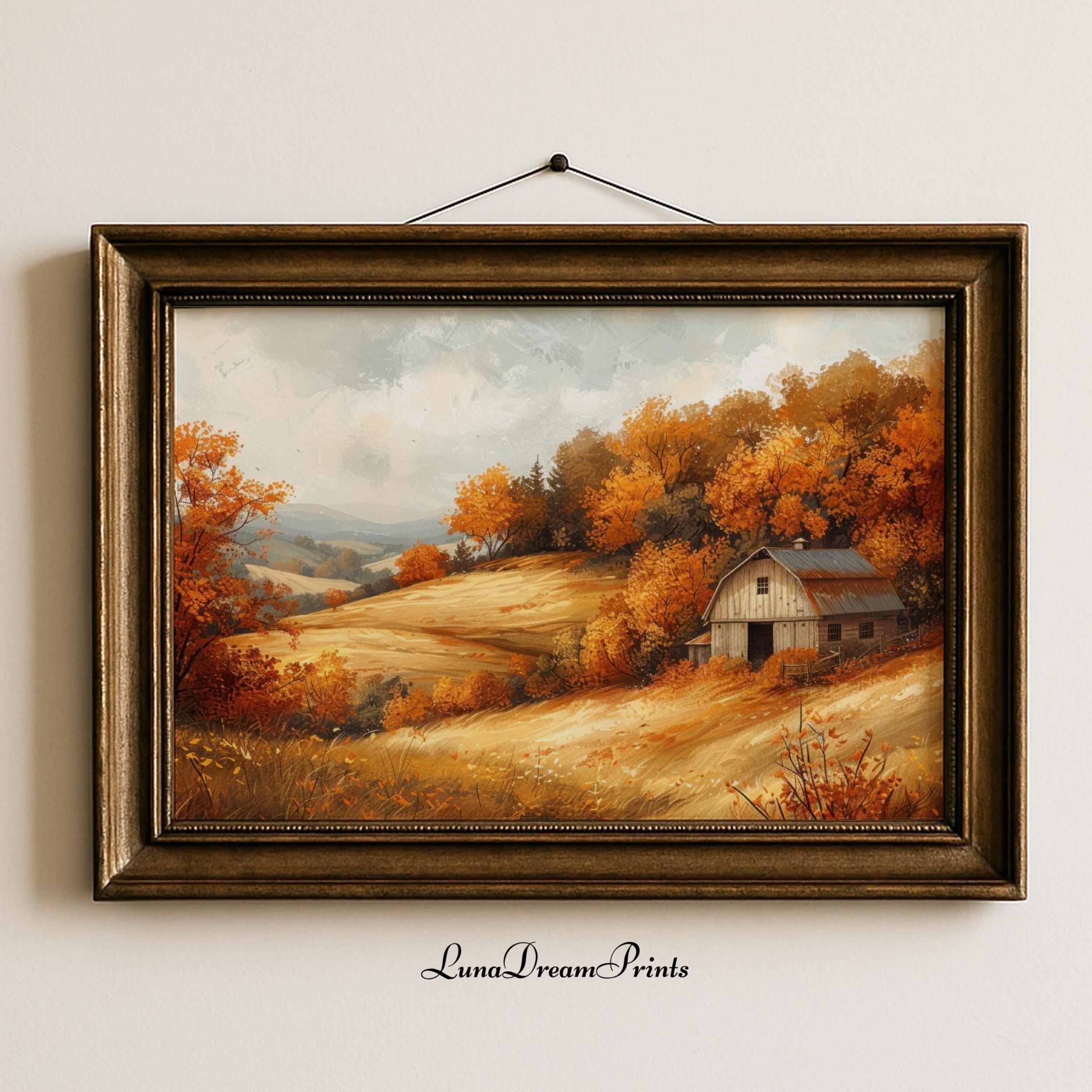 Vintage Fall Countryside Landscape Print, Rustic Autumn Barn Wall Art ...