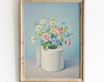 Papel higiénico con estampado de flores silvestres, decoración botánica de baño estilo cottagecore, pintura floral vintage para baño, lámina azul caprichosa para el baño