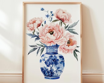 Peonías rosas en acuarela en jarrones de estilo chinoiserie, arte mural chinoiserie, jarrón de porcelana azul y blanca, lámina de ramo de flores, decoración de pared para habitación infantil.