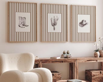 Juego de 3 impresiones de pared con motivos neutrales del oeste, impresiones para habitación infantil, arte de pared para habitación de niño, arte de pared de galería de vaqueros, decoración vintage de rodeo del lejano oeste.