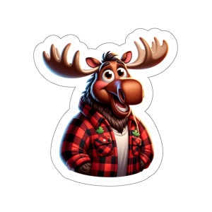 May include: A cartoon moose wearing a red and black checked shirt with a white undershirt and a maple leaf pin. The moose has a friendly expression and is looking to the right.