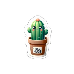 May include: A green cactus with a smiling face in a brown pot with a sticker that says "Free Hugs".